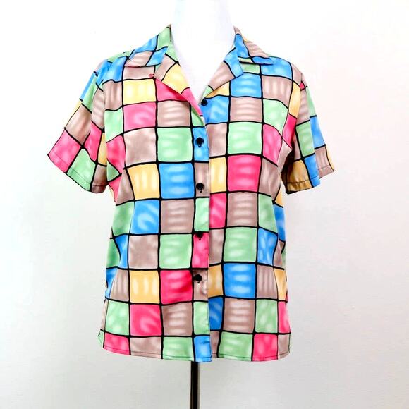 Vintage Checkered Size M 90's Button Up Shirt Bright Pastels Novelty - Picture 2 of 9